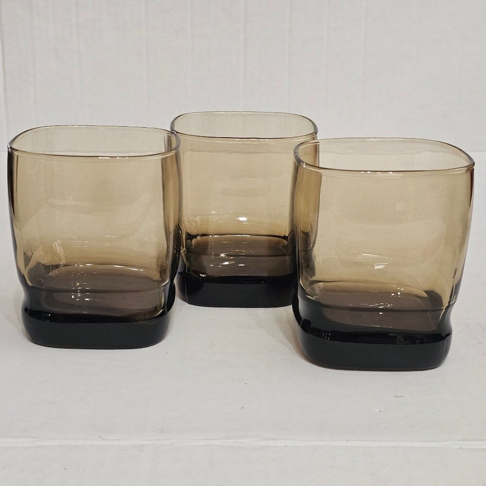 4 Libbey Carrington Smoke Double Old Fashion Glasses 14oz square beveled base